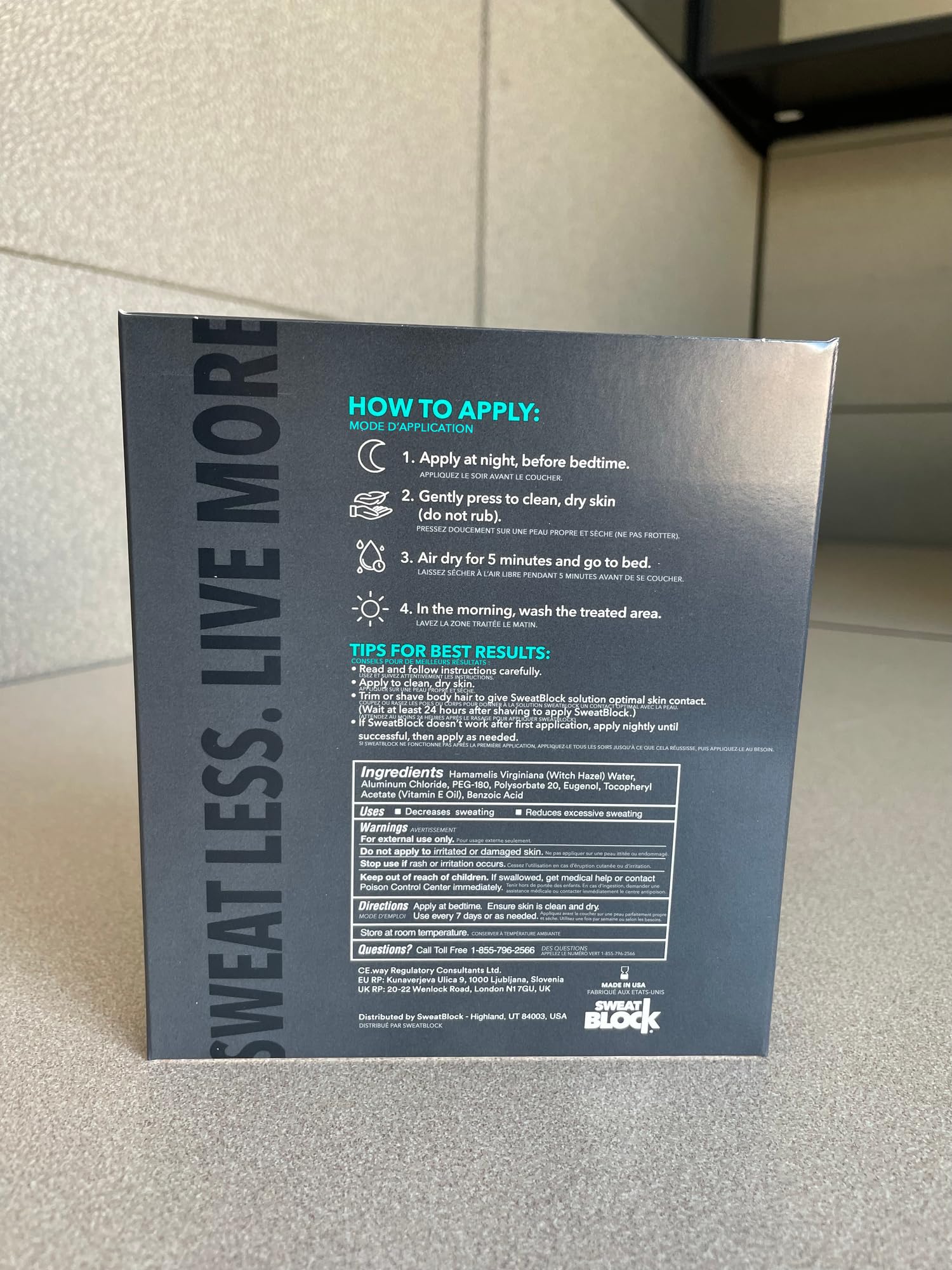 Back of SweatBlock packaging displaying clinical strength details