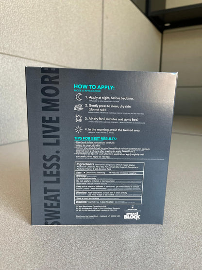 Back of SweatBlock packaging displaying clinical strength details