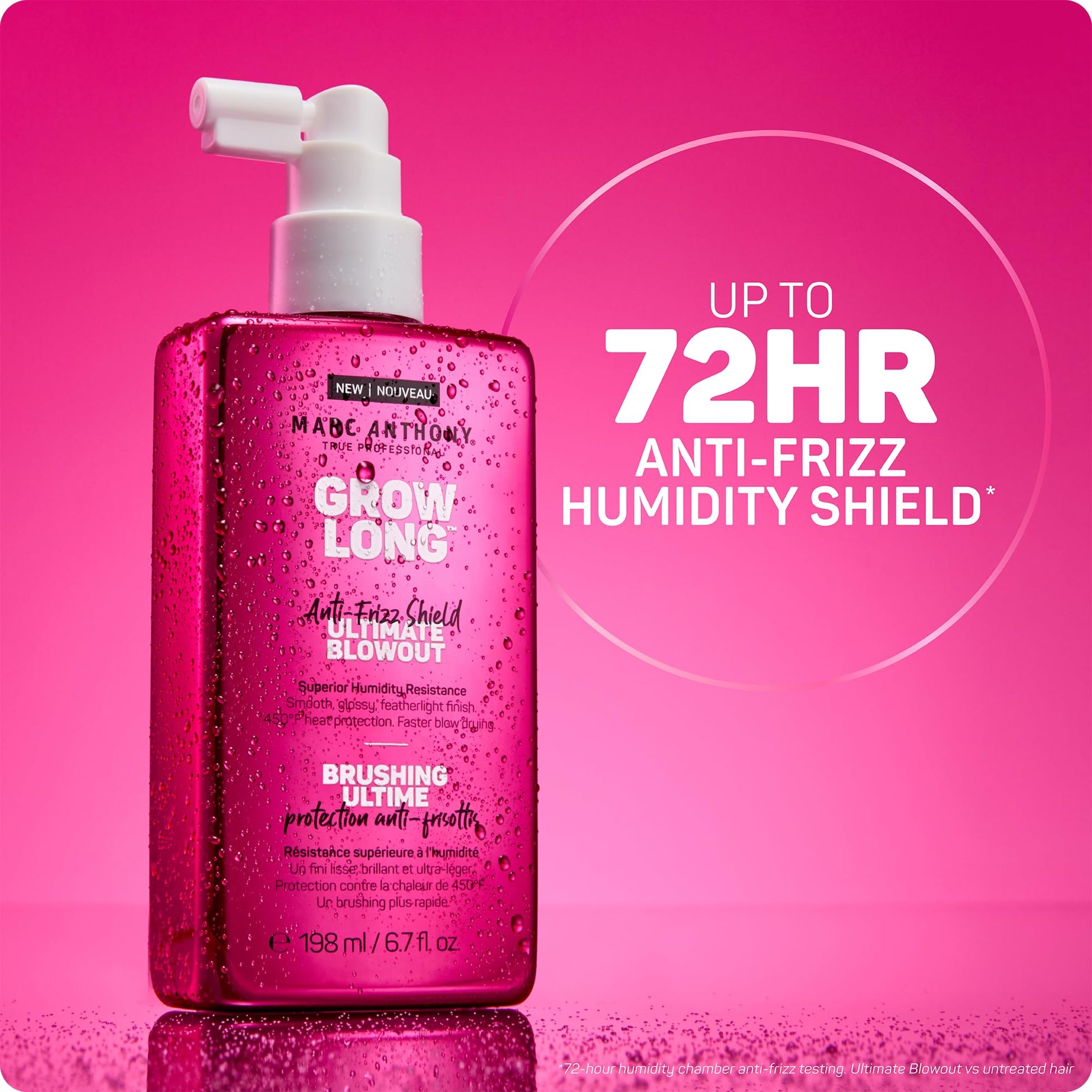 Marc Anthony ultimate blowout spray close up of seventy two hour humidity shield text