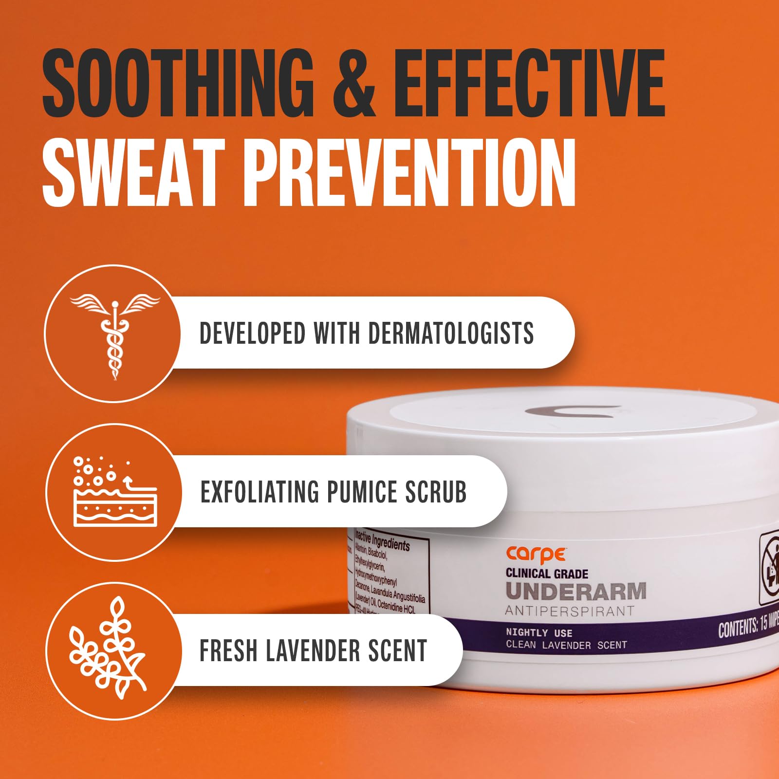 Carpe antiperspirant wipes packaging showing 15 count quantity