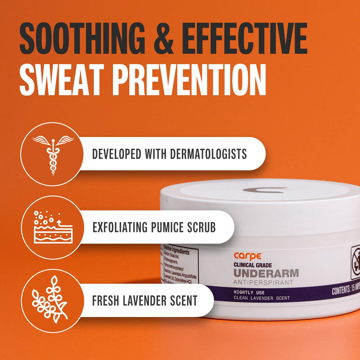 Carpe lavender scented sweat control wipes packaging details