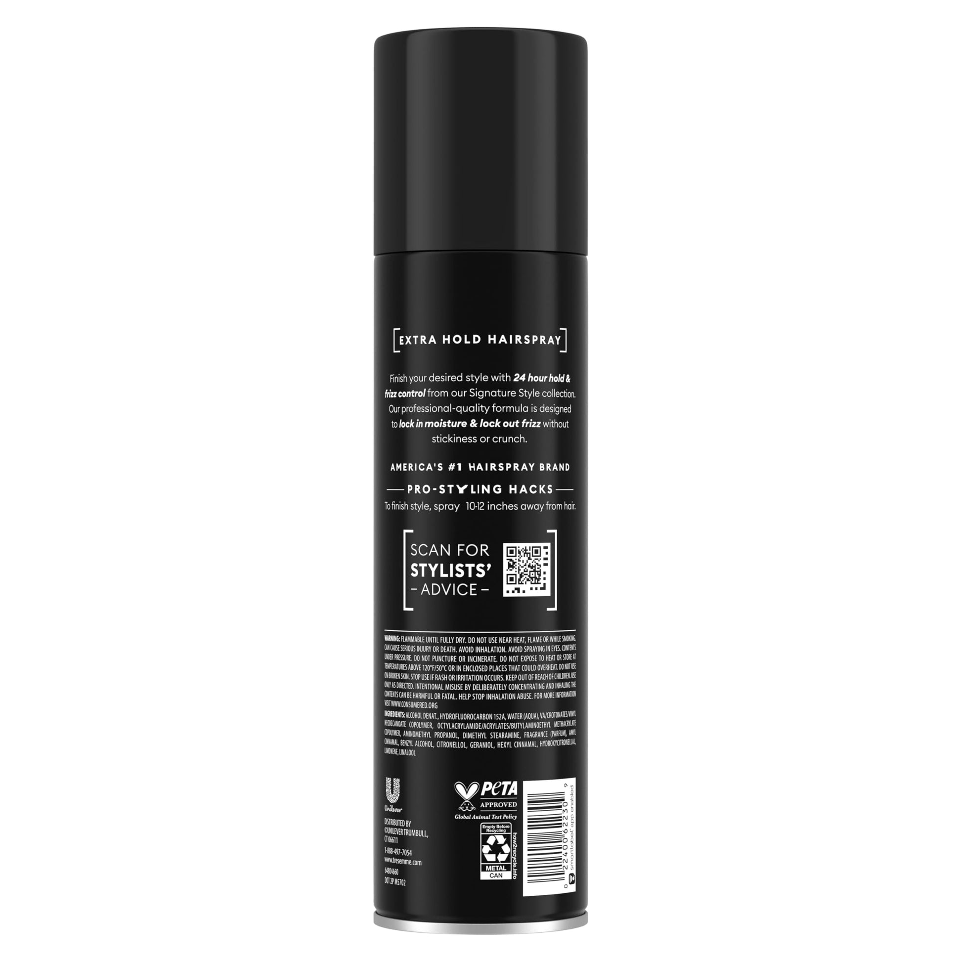 Back label of TRESemmÃ© Extra Hold Hairspray showing Pro Lock Tech ingredients.