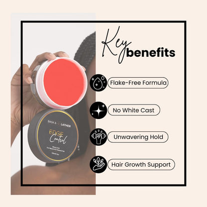 Back label of Bask and Lather Strong Hold Edge Control Gel detailing usage instructions and hair growth benefits