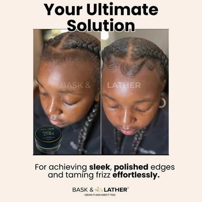 Bask and Lather hair styling gel for texturized hair side profile view emphasizing the 5.3 Fluid Ounce size