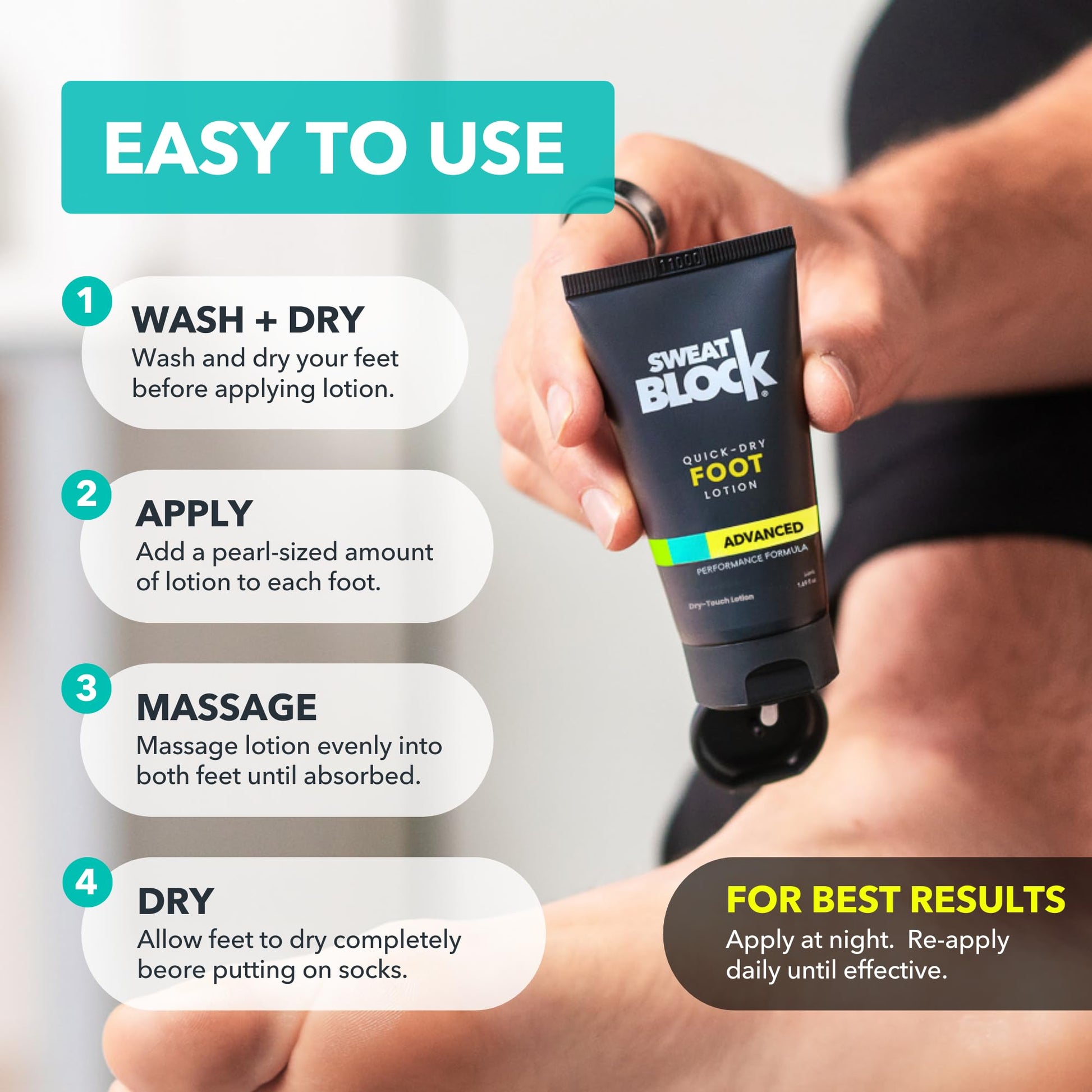 Applying SweatBlock lotion between toes for odor control