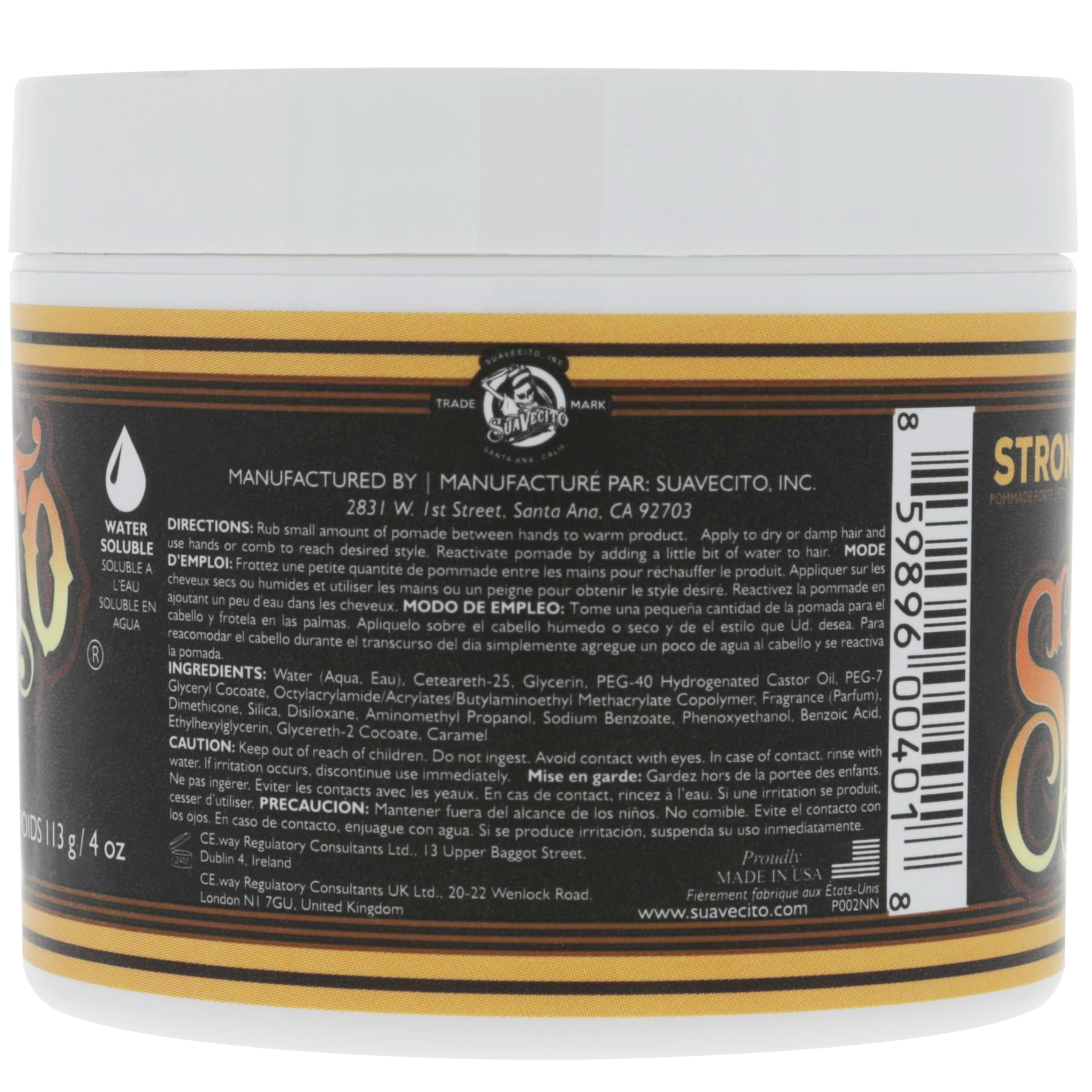 Suavecito strong hold pomade open jar showcasing the creamy amber water-based texture