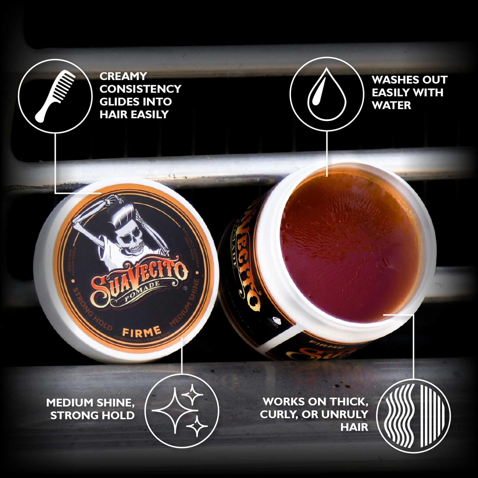 Suavecito 113 grams hair gel jar back label showing usage instructions