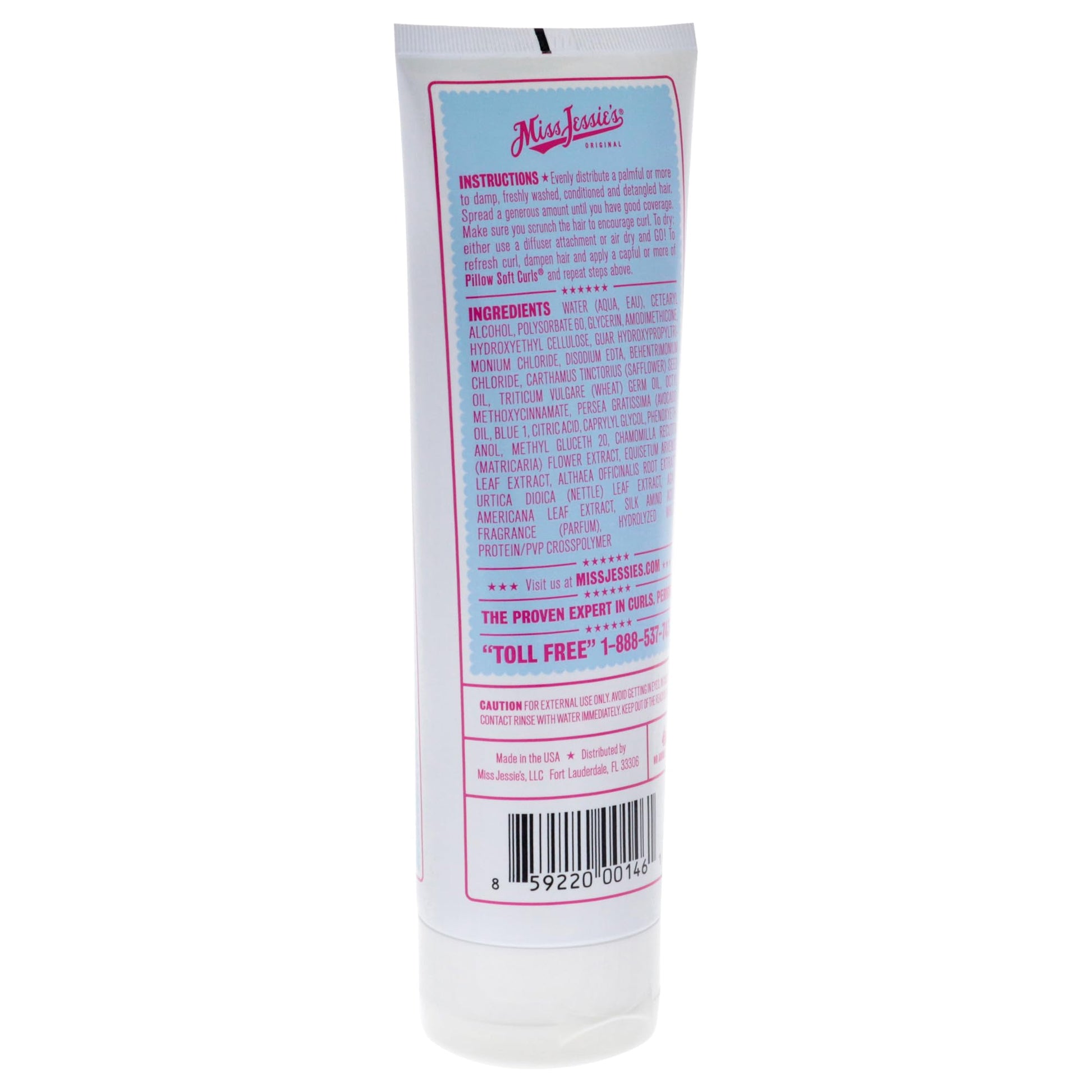 Back label view of imported Miss Jessie's 8.5 Ounce curly hair styling lotion showing ingredients
