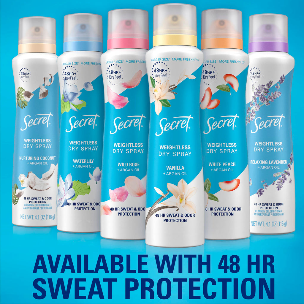 Back label of Secret weightless dry spray displaying ingredients and directions