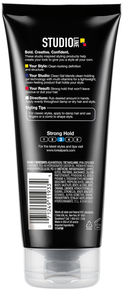 Silicone free strong hold hair gel by L'Oreal Paris displaying the easy squeeze tube design.