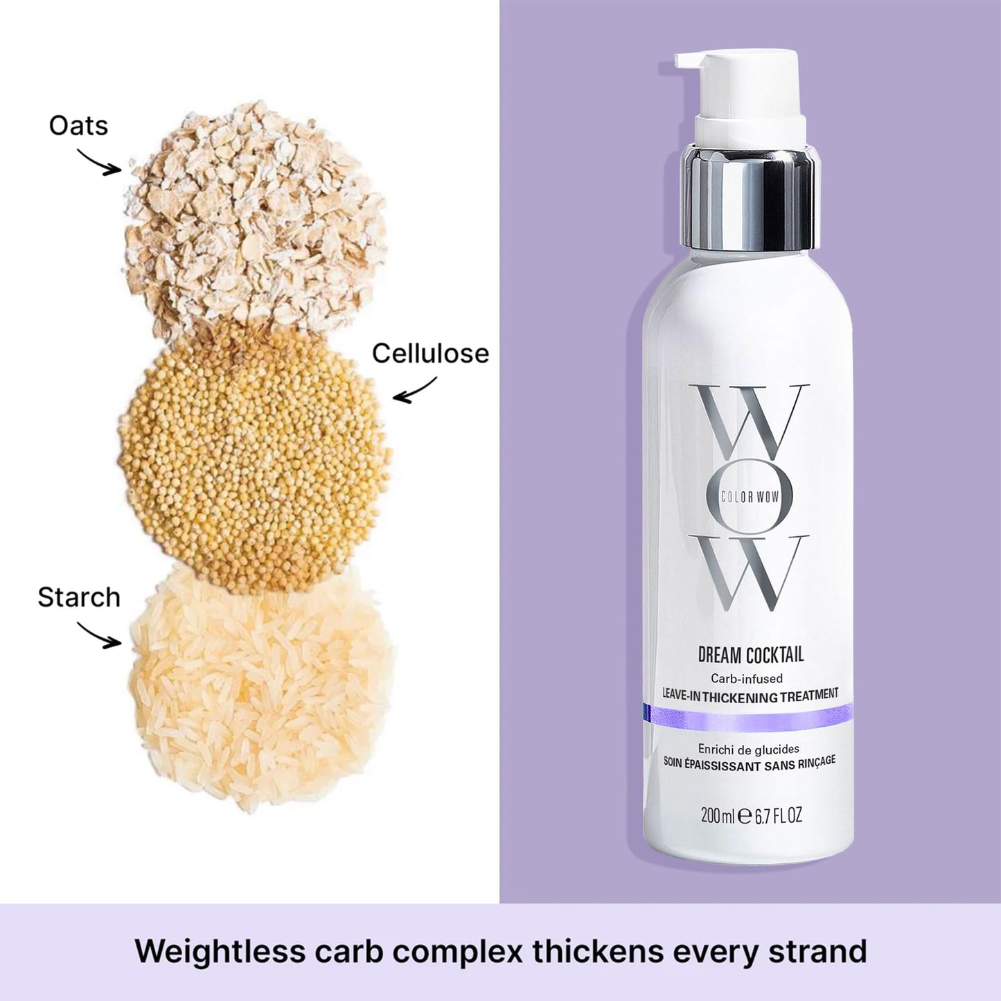 Back label of Color Wow Carb Infused bionic tonic outlining directions for heat activated styling.