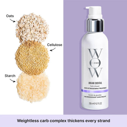 Back label of Color Wow Carb Infused bionic tonic outlining directions for heat activated styling.