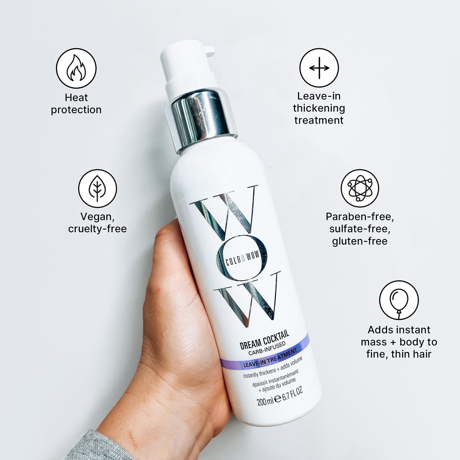 Close up of the Color Wow hair thickening treatment highlighting the bionic tonic formulation text.