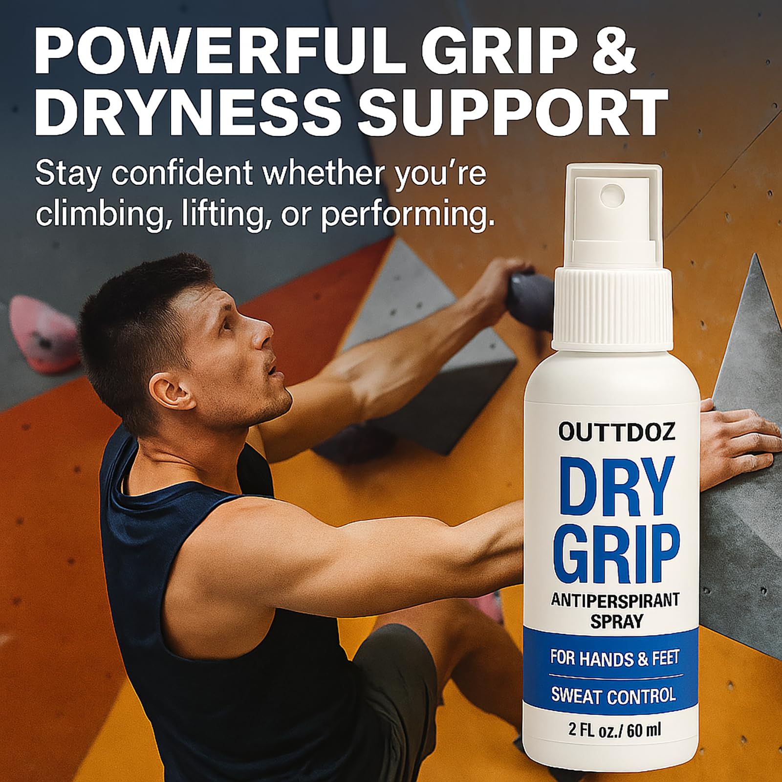 Hands applying DryGrip spray before weightlifting