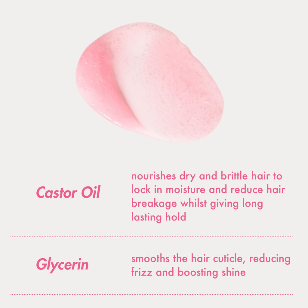 Pink tube of Umberto Giannini anti frizz gel showing application details.