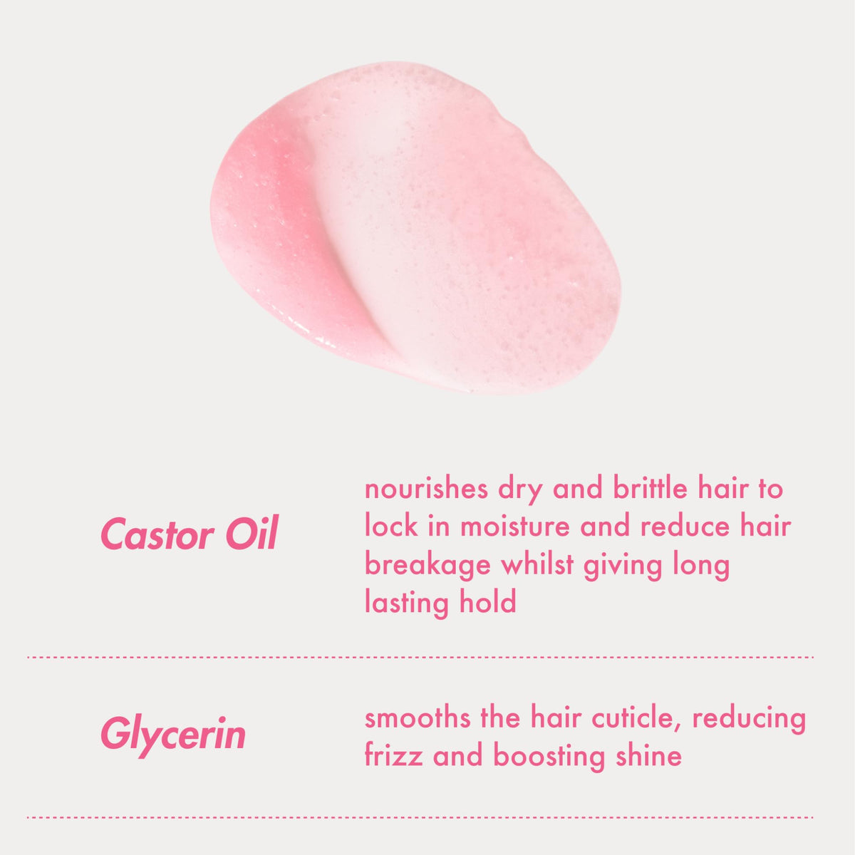 Pink tube of Umberto Giannini anti frizz gel showing application details.