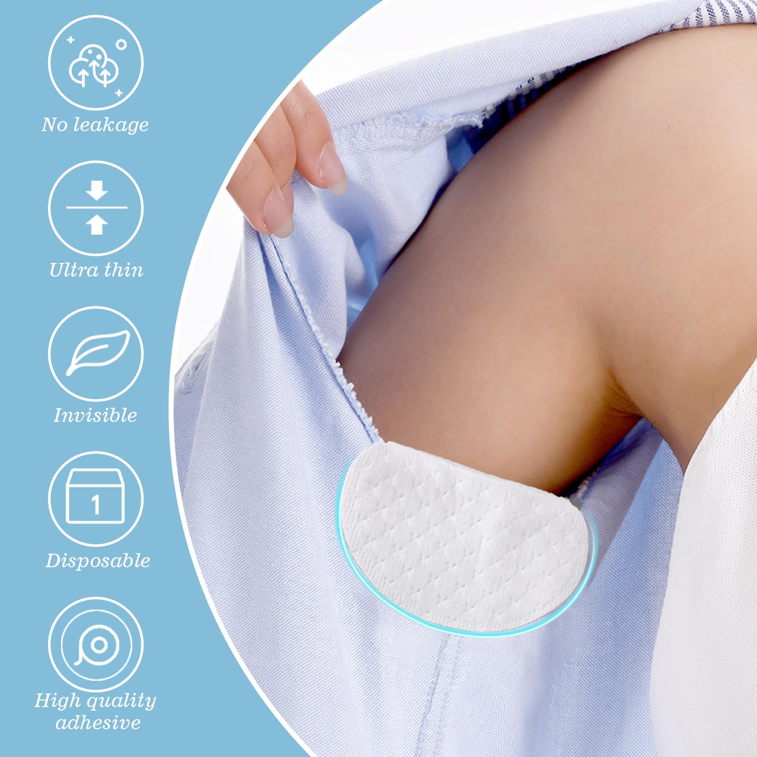 Model demonstrating application of Besarme underarm sweat pads