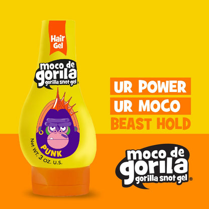 Close up of Moco de Gorila yellow squeezable bottle for spiking and twisting hair.