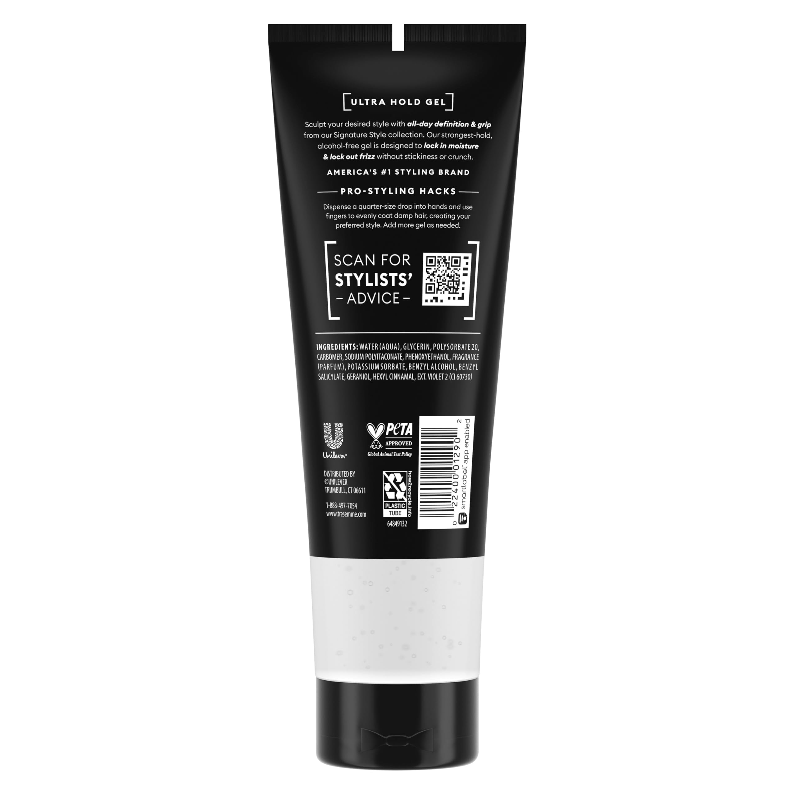 TRESemme frizz control hair gel packaging showing twenty four hour humidity protection benefits