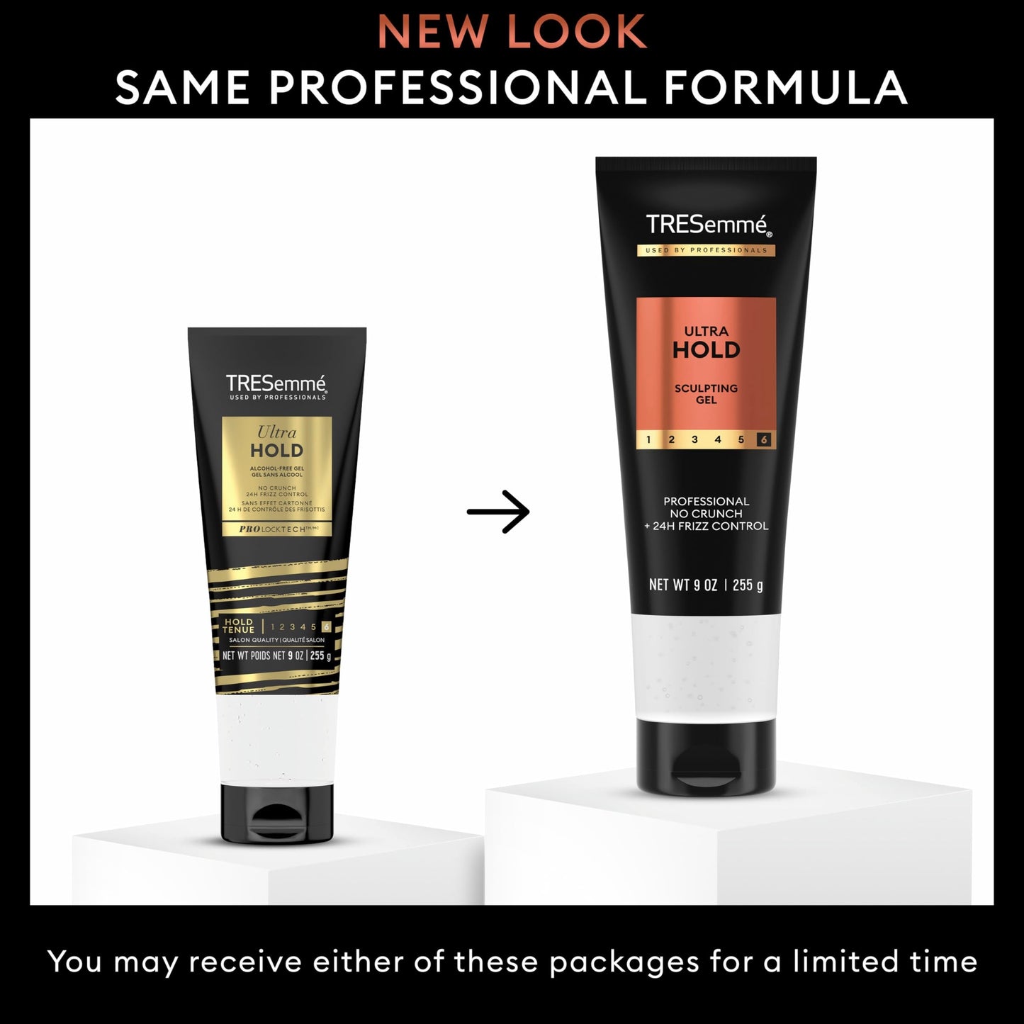 Back label of TRESemme alcohol free styling gel detailing usage instructions and features