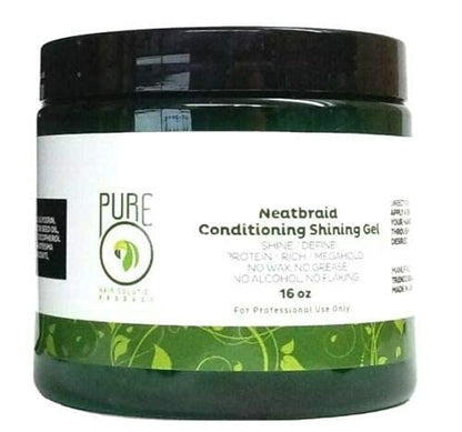 Pure O Natural Neatbraid Beauty Professional Shining Gel container highlighting the strong hold and protein-rich formula.