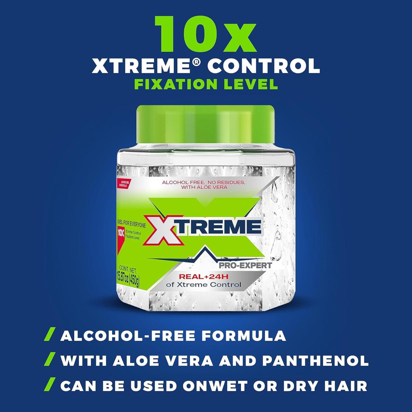 Side view of Wetline Xtreme 450g styling gel jar highlighting the 10X fixation professional rating.