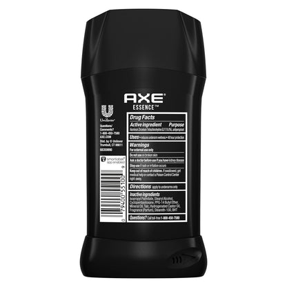 AXE Essence invisible solid stick highlighting the black pepper and cedarwood masculine fragrance profile.