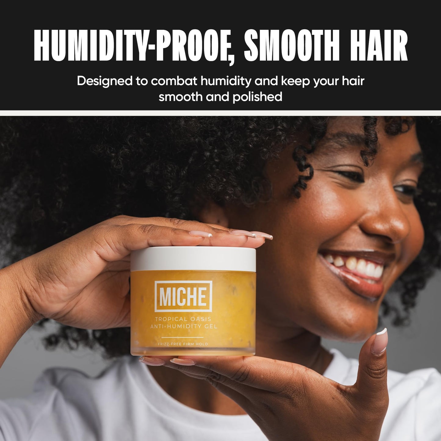 Premium frizz control hair gel for 4C hair types on plain background.