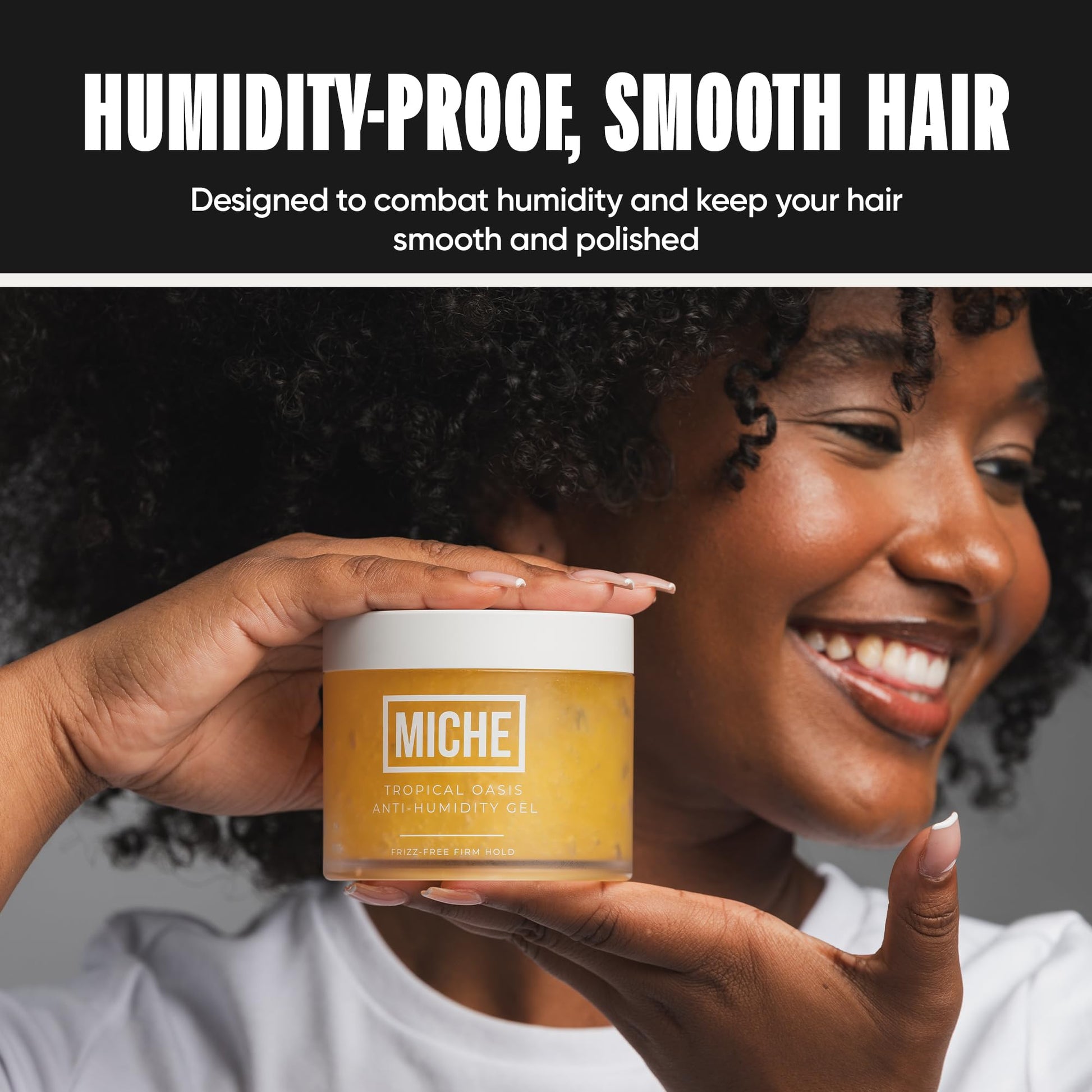 Premium frizz control hair gel for 4C hair types on plain background.