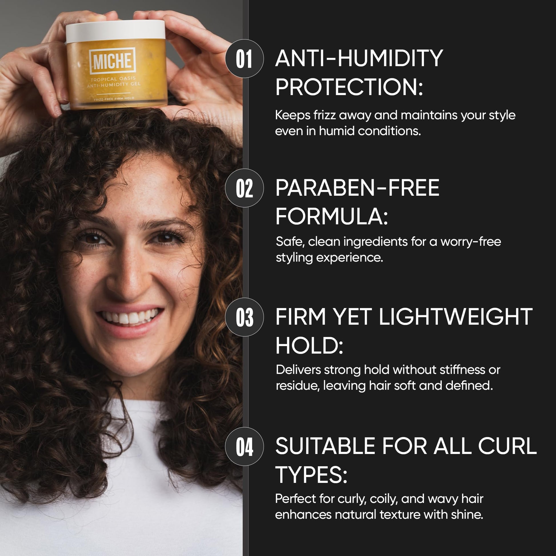 Miche Beauty anti-humidity styling gel for wavy and curly textures.
