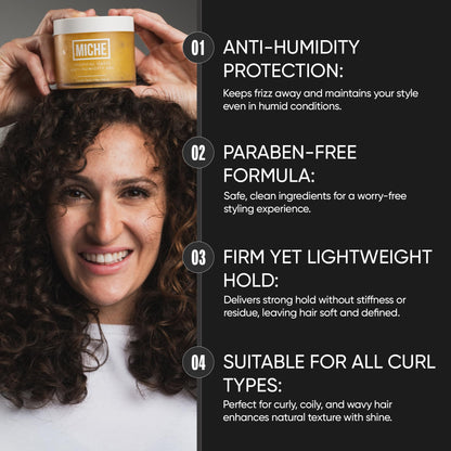 Miche Beauty anti-humidity styling gel for wavy and curly textures.