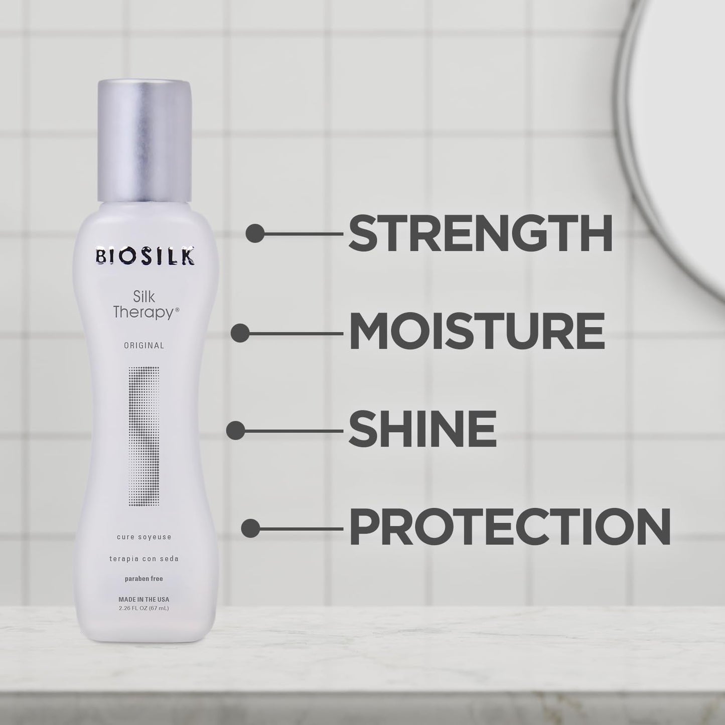 BioSilk Silk Therapy 2.26 Ounce weightless hair repair formula showing product details