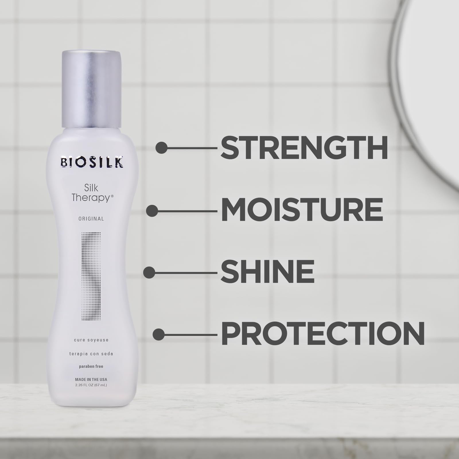 BioSilk Silk Therapy 2.26 Ounce weightless hair repair formula showing product details