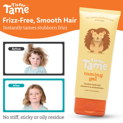 Anti frizz toddler styling hair gel with vitamin E packaging text