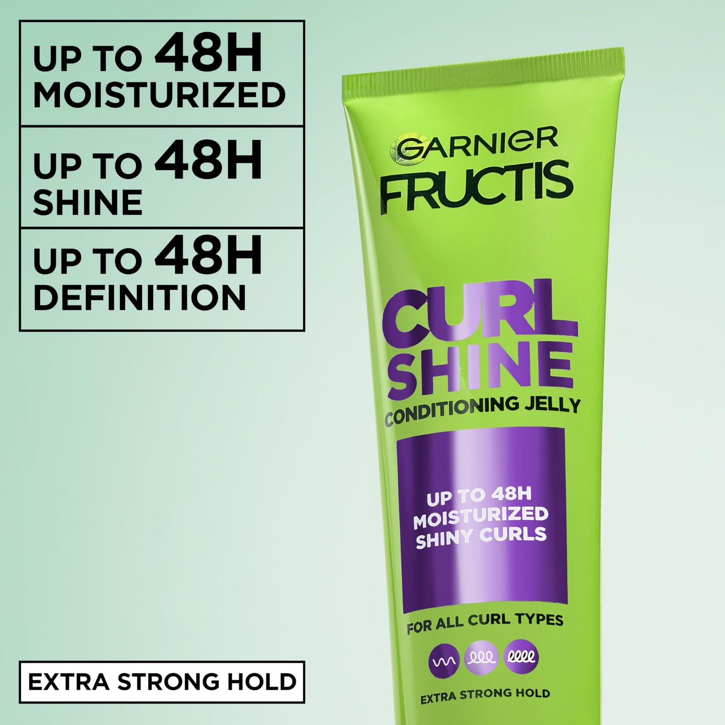 Close-up of the five point one fluid ounce tube of Garnier Fructis bouncy curls styler.