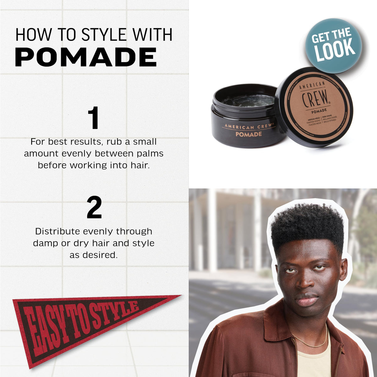 American Crew high shine styling pomade for curly hair texture management open jar view.
