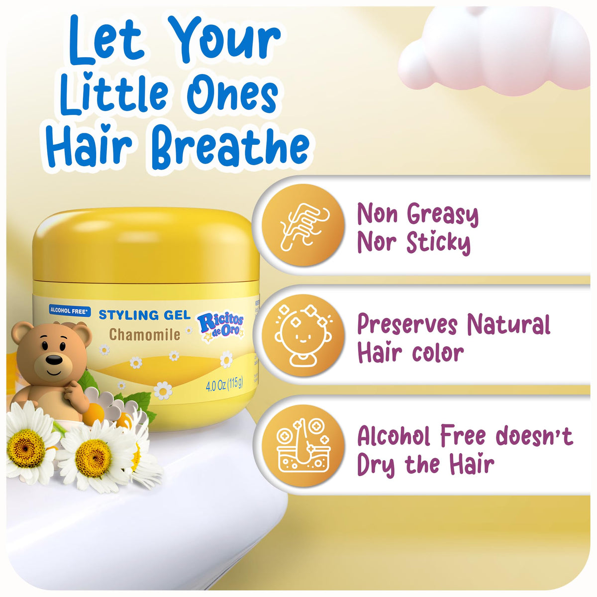 Side profile of Ricitos de Oro baby styling gel with chamomile extract for natural hair color preservation.