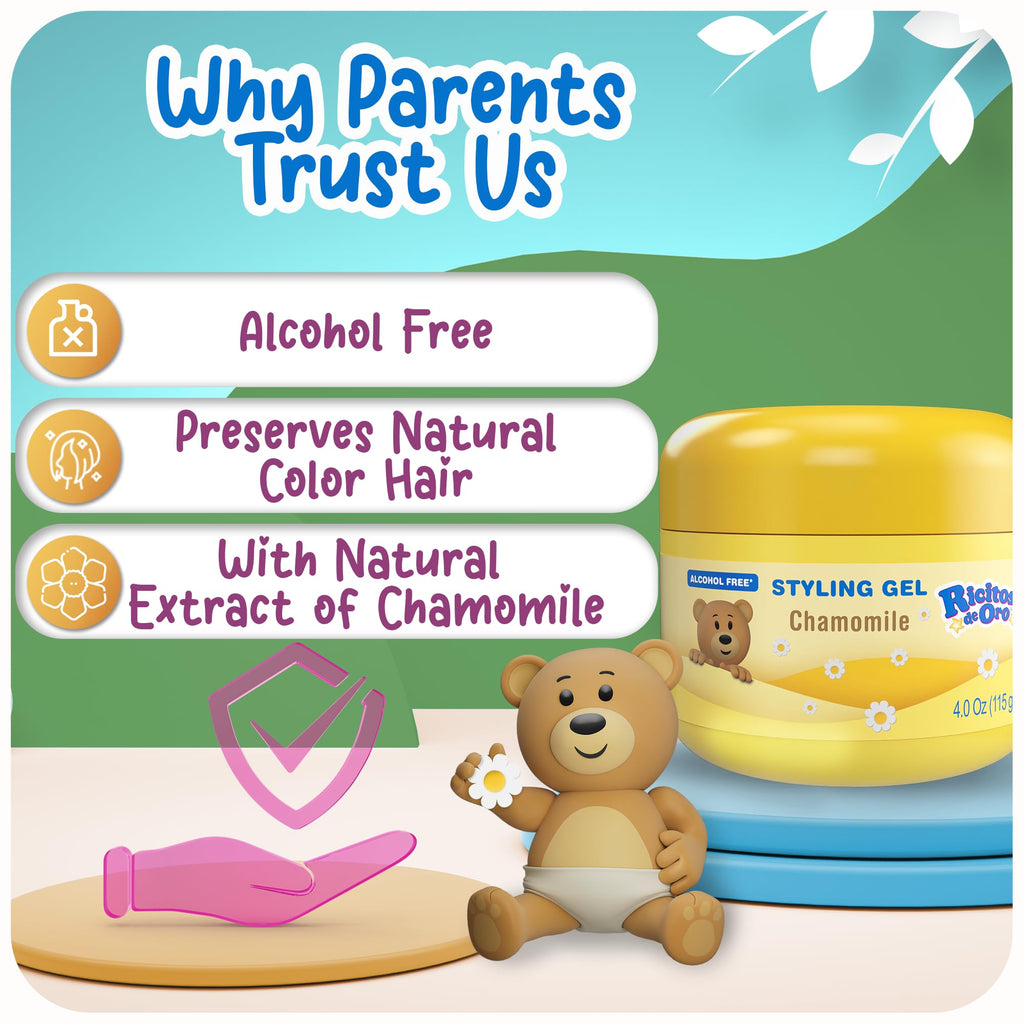 Ricitos de Oro non greasy kids hair styling gel showing product label instructions.