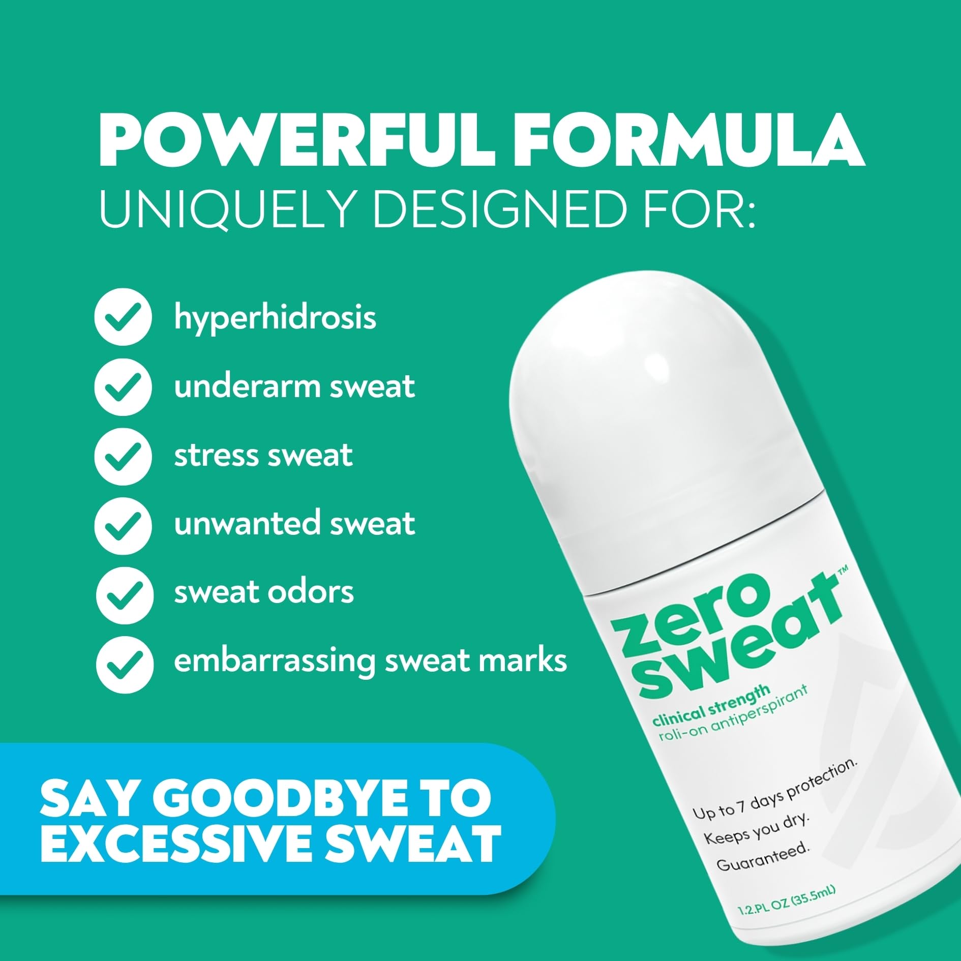 ZeroSweat Roll On Antiperspirant for excessive sweating showing applicator cap