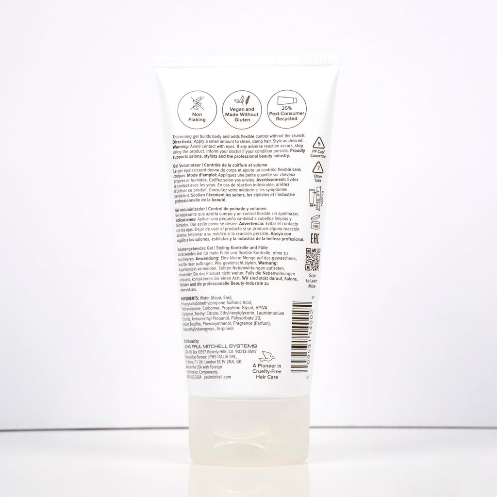 Side view of Paul Mitchell 6.8 fluid ounce volumizing hair gel tube ideal for everyday styling