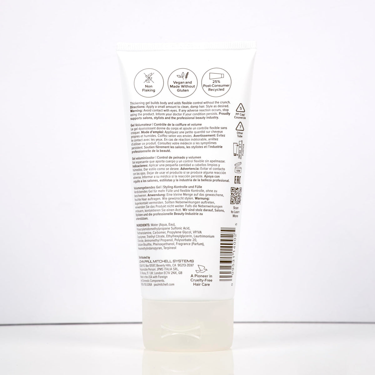 Side view of Paul Mitchell 6.8 fluid ounce volumizing hair gel tube ideal for everyday styling