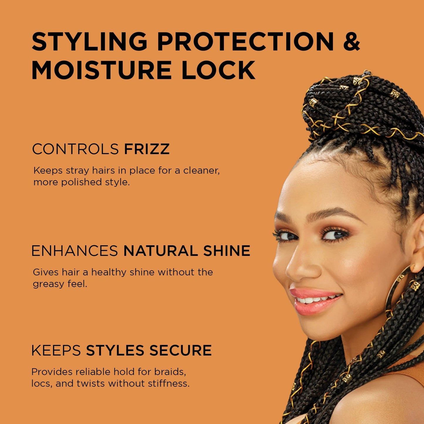 African Pride extra hold braiding and twisting gel packaging showing black castor oil benefits