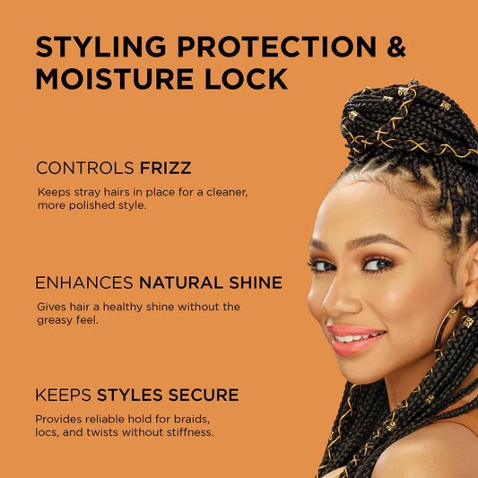 African Pride extra hold braiding and twisting gel packaging showing black castor oil benefits