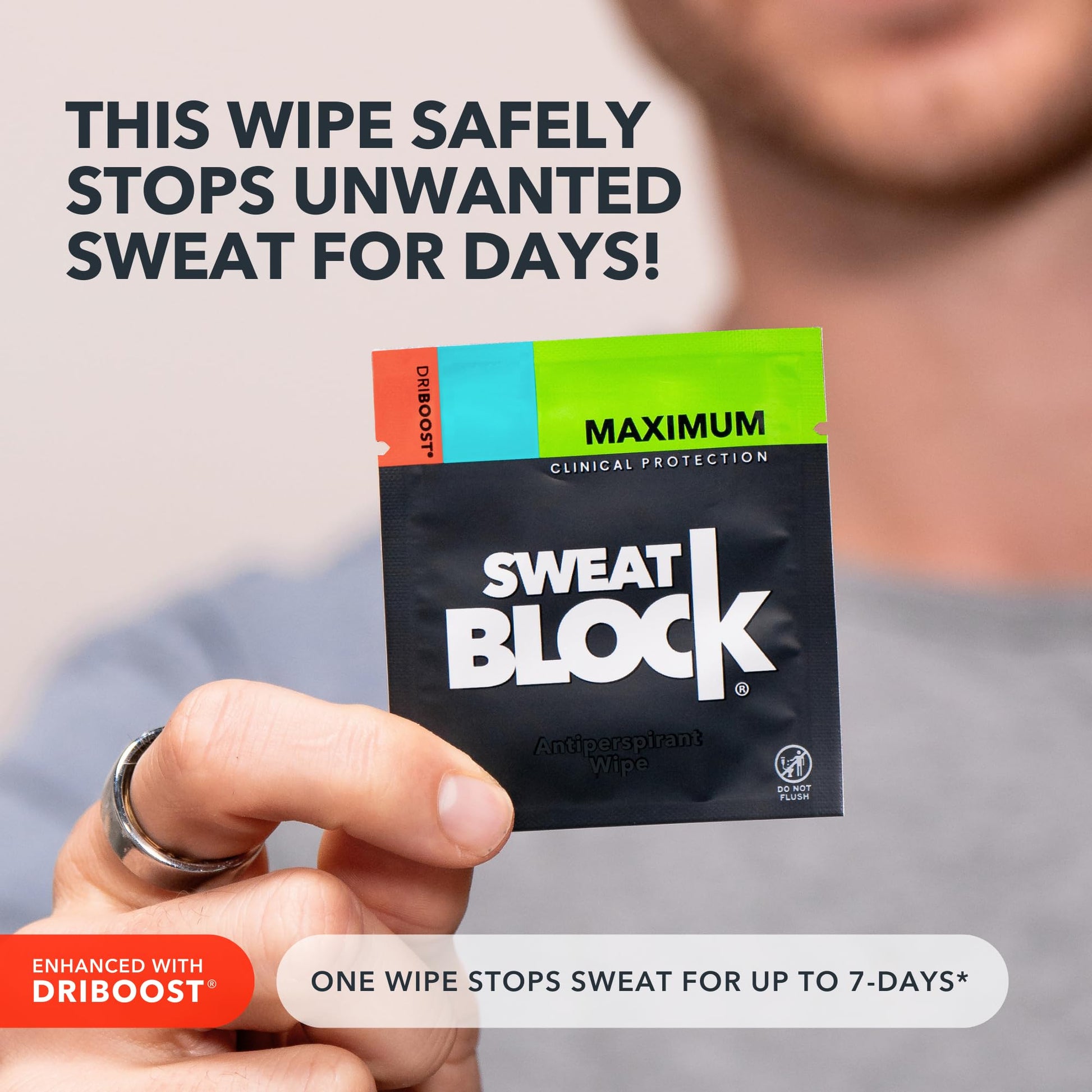 SweatBlock anti sweat towelettes box showing doctor recommended clinical strength protection