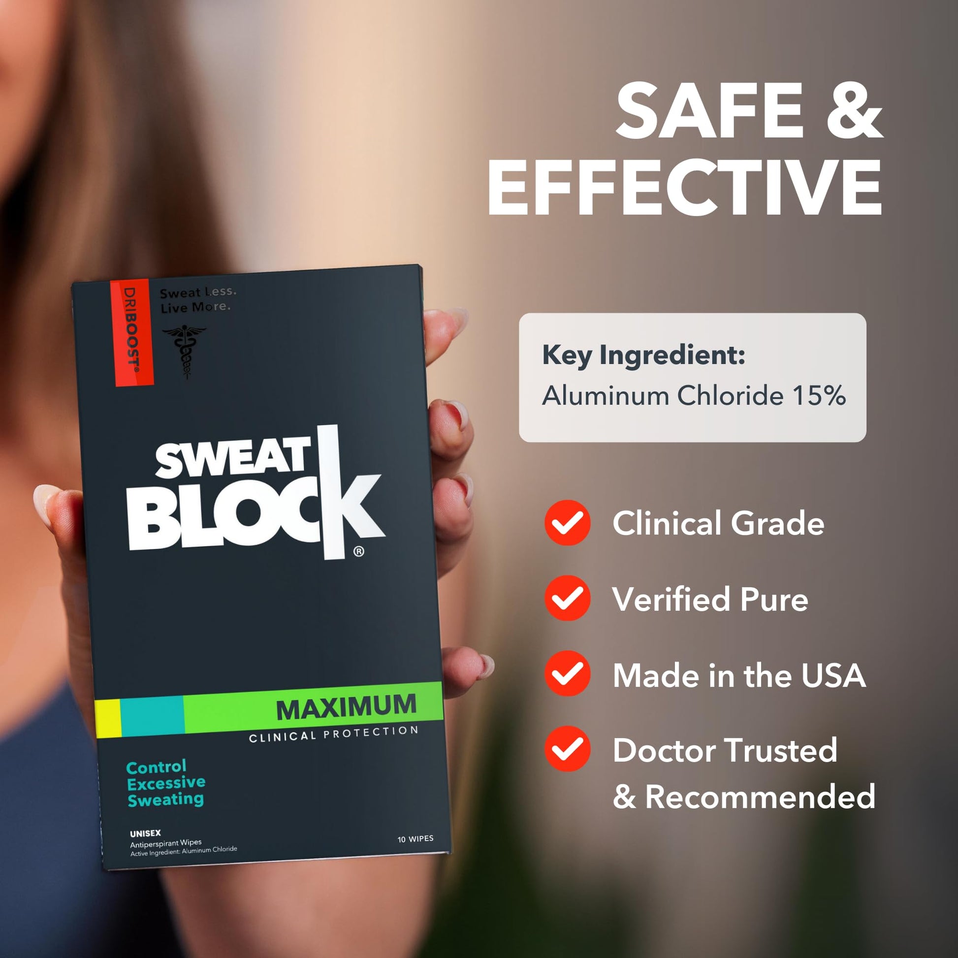 SweatBlock excessive sweat protection wipe back label with ingredient details