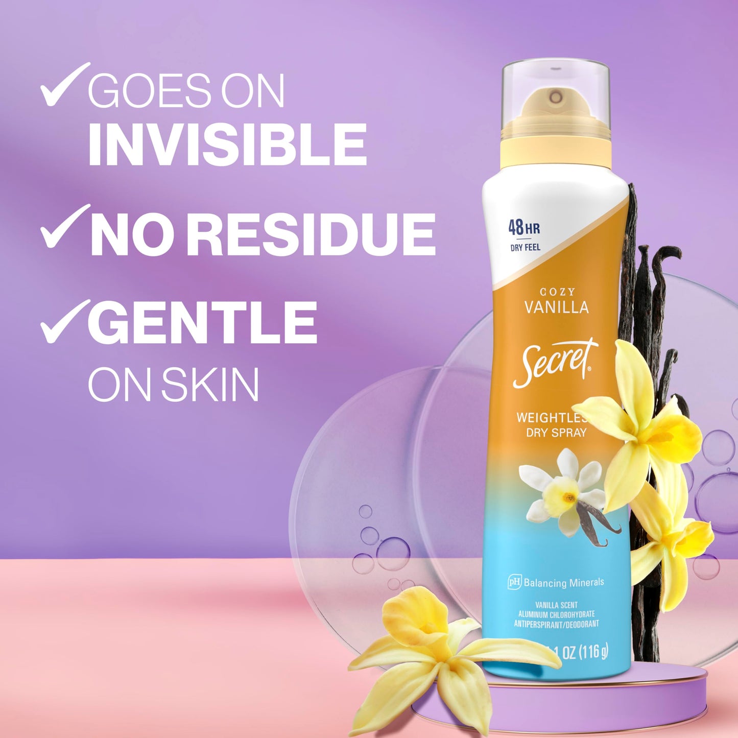 Three pack Secret Cozy Vanilla dry spray bottles