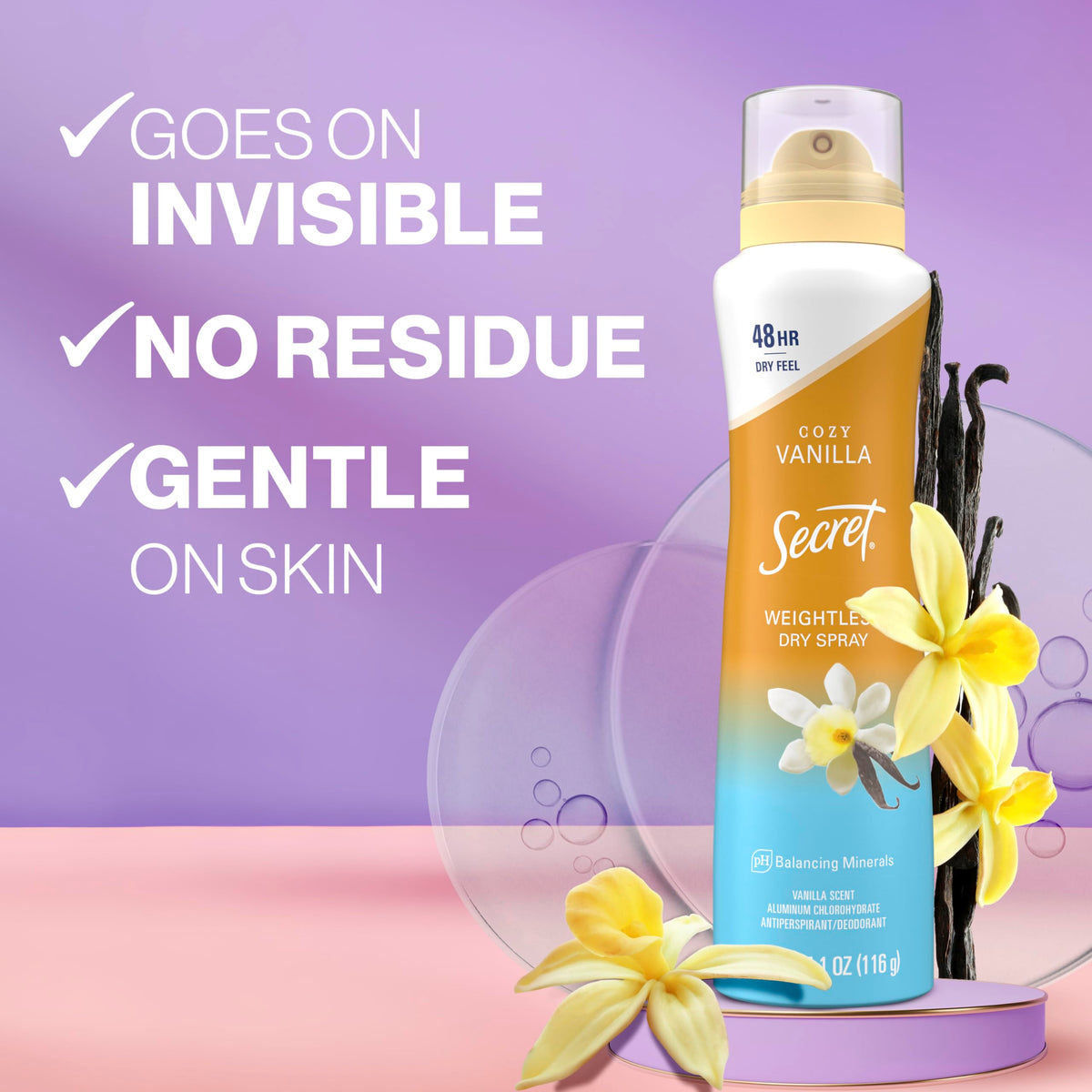 Secret weightless dry spray showing 48 hour protection label
