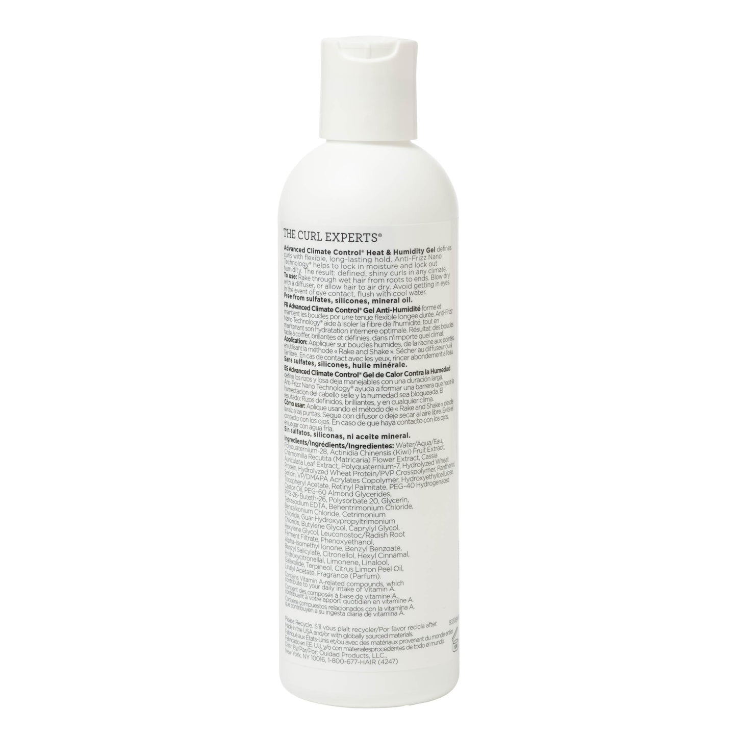 Ouidad anti frizz hair gel bottle for curly hair styling and humidity protection.