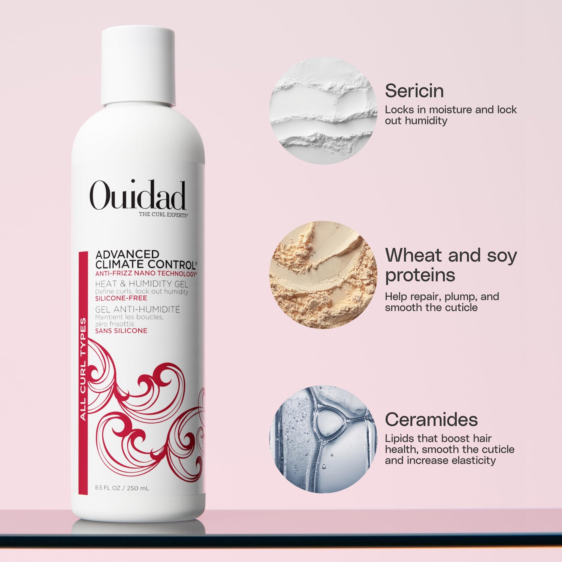 Back label of Ouidad Advanced Climate Control Gel showing usage instructions and details.