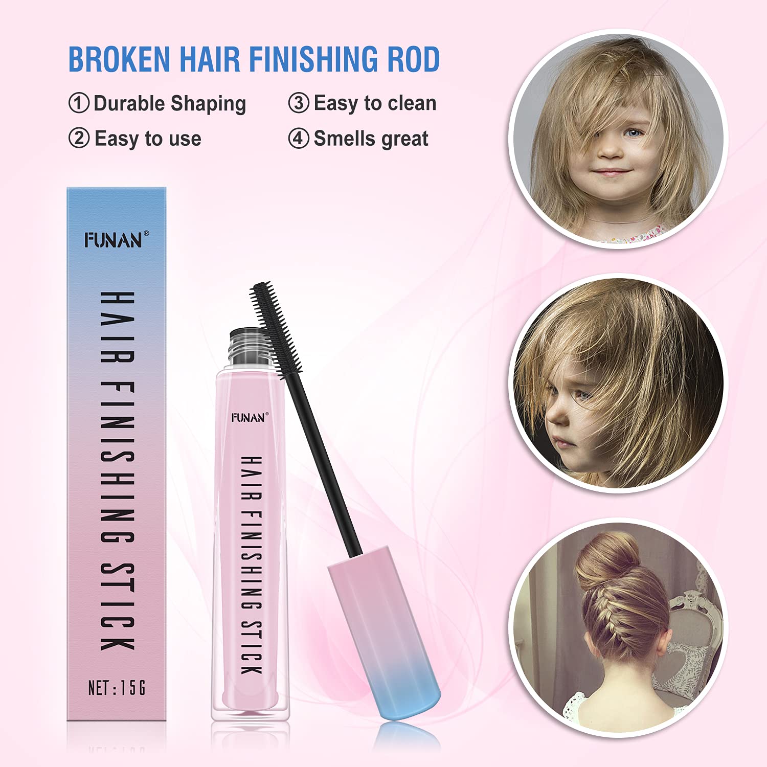 Side angle of the FUNAN flyaway hair tamer stick for baby hair control.